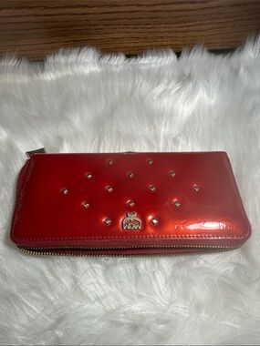 MCM Red Patent Zip Wallet with Gold Stud Detail